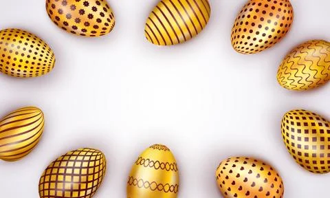 Decorated Easter golden eggs isolated on white background with frame. Vector Stock Illustration