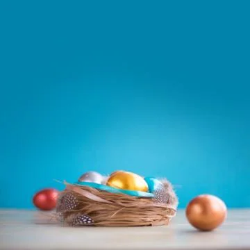 Decorated easter nest with eggs Stock Photos