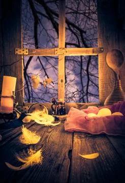 Decorated easter table eggs feathers Stock Photos