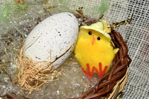 Decorated egg with chick inside a wicker basket Stock Photos