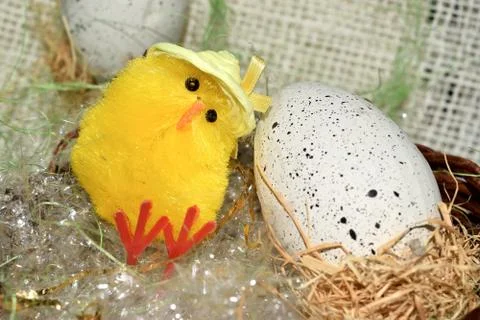 Decorated egg with chick inside a wicker basket Stockfoto's
