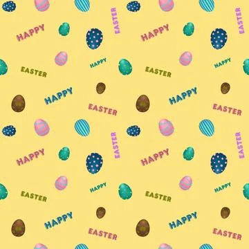 Decorated eggs and Happy Easter inscription on a yellow background Stock Illustration
