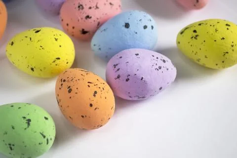 Decorated eggs for Easter lie on a white background. Decorations for Easter - 스톡 사진