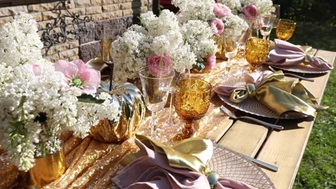 Decorated festive table laid for summer garden party Stock Footage 140178208
