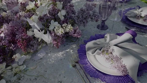 Decorated festive table laid for summer wedding picnic Stock-Footage 140178265