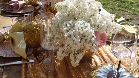 Decorated festive table laid for summer garden party Stock Footage 140178283
