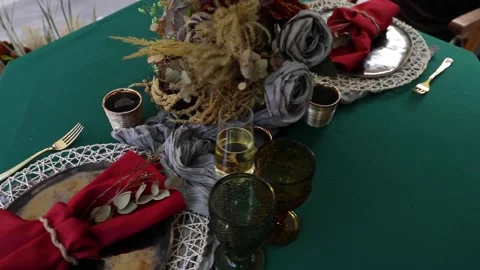 Decorated festive table laid for summer wedding picnic Stock Footage 140178352