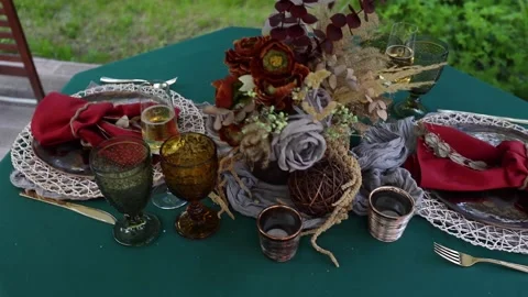 Decorated festive table laid for summer wedding picnic Stock-Footage 140178355