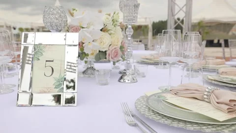 Decorated festive table laid for summer party Stock Footage 146387232