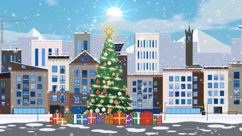 A decorated festive Xmas tree stands in falling snow in a quiet urban Stock Footage 345375034