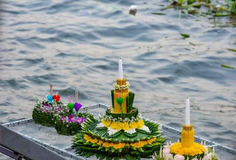Decorated float made from natural materials that is going to drop down the ri Stock Photos