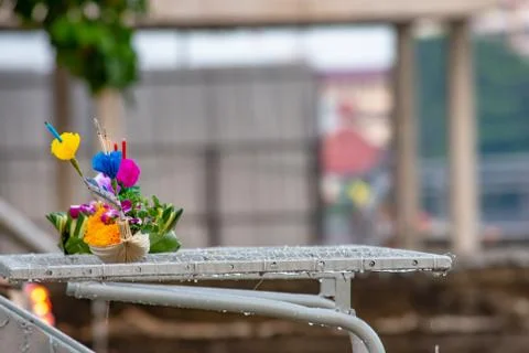 Decorated float made from natural materials that is going to drop down the ri Stock Photos