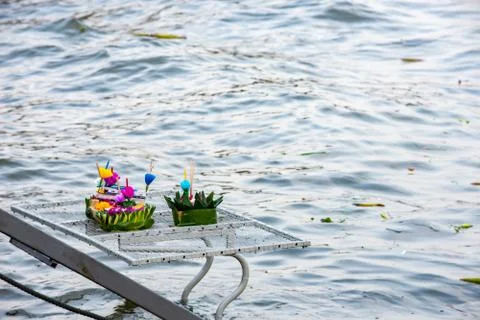 Decorated float made from natural materials that is going to drop down the ri Stock Photos