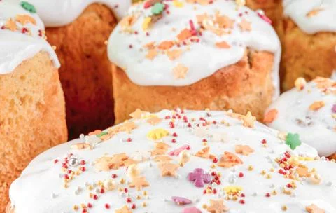 Decorated fresh cooked cakes for easter holiday Stock Photos