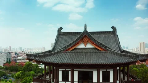Decorated gable and curved eaves at Guangzhou Cultural Center in China Stock Footage 346029585