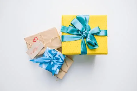 Decorated gift boxes overhead top view Stock Photos