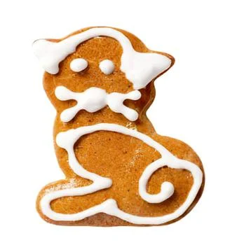 Decorated gingerbread cat cookie with white icing Stock Photos