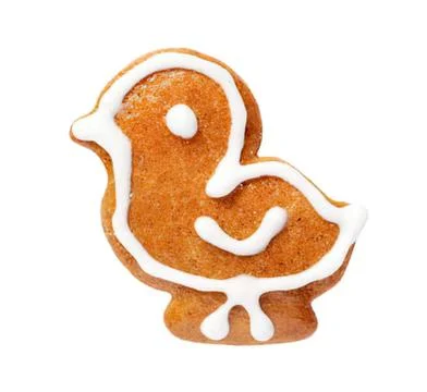 Decorated gingerbread chick cookie with white icing Fotos de archivo
