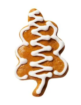 Decorated gingerbread tree cookie on white Fotos de archivo