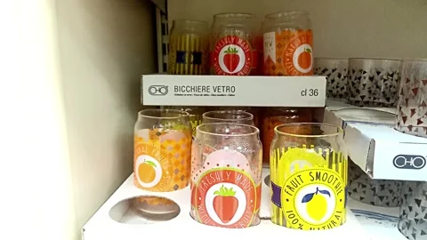 Decorated glass drinking glasses, September 16, 2026, Marina di Carrara, Italy Stock Footage 345648830