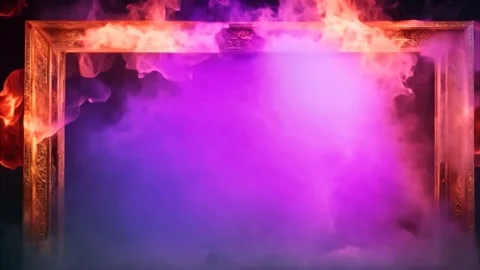 Decorated golden horizontal frame, fire flames and dry ice smoke, colorful,.. Stock Footage 273954513