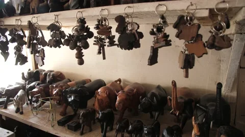 Decorated hand made wooden masks carved from the wood of African trees Stock Footage 156001753