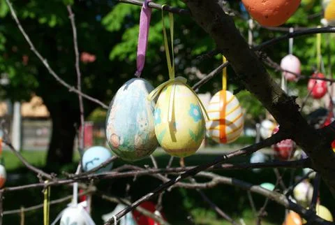 Decorated Handmade Easter Eggs Hanging on Tree Branches in Spring Garden Stock Photos