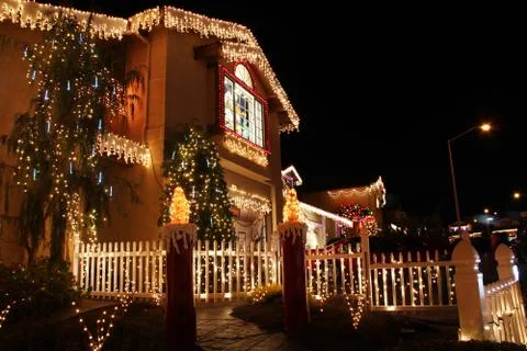 Decorated house with christmas lights Stock Photos