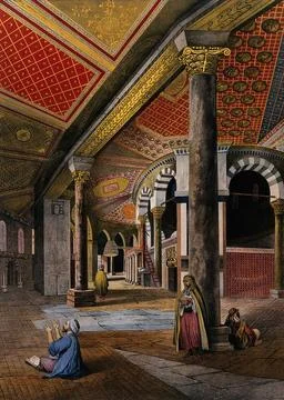 Decorated interior of the mosque of Omar, Jerusalem. Chromolithograph by Ba.. Stock Illustration