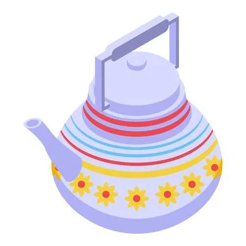 Decorated kettle with floral pattern warming up water for tea time Stock Illustration