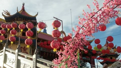 Decorated with lanterns and flowers at  to welcome the Chinese New Year Stock Footage 263557567