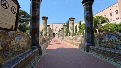 Decorated Majolica Tile Pillars Bench Walkway Monastery Cloister Garden, Naples, Stock Footage 344266251
