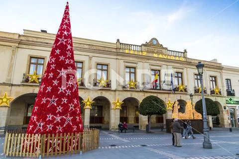Decorated New Year tree on Plaza Espana in Ronda city, Andalusia, Spain Stock Photos