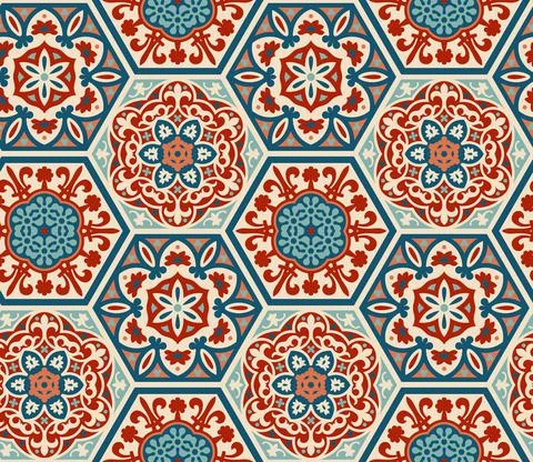 Decorated patterned hexagon tiles, seamless vector pattern, patchwork style Stock Illustration