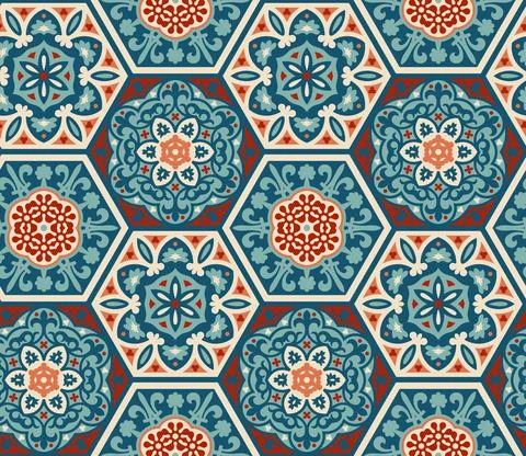 Decorated patterned hexagon tiles, seamless vector pattern, patchwork style Stock Illustration