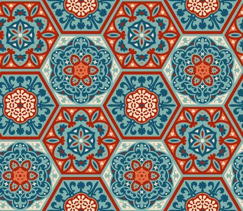 Decorated patterned hexagon tiles, seamless vector pattern, patchwork style Stock Illustration