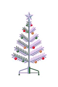 Decorated Pine Tree with Star Topper and Colorful Baubles Isolated on Background Иллюстрация