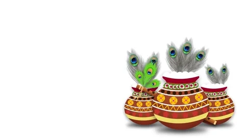 Decorated pot, peacock feathers and lord Krishna's flute on white background Stock Footage 313230135