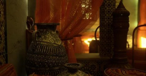 Decorated pottery and warm lighting create an inviting atmosphere Stock Illustration