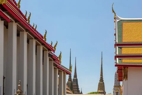 Decorated rooftops of buddhist temple Stock Photos