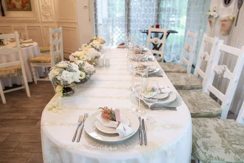 Decorated served table for wedding party or other event Stock Photos
