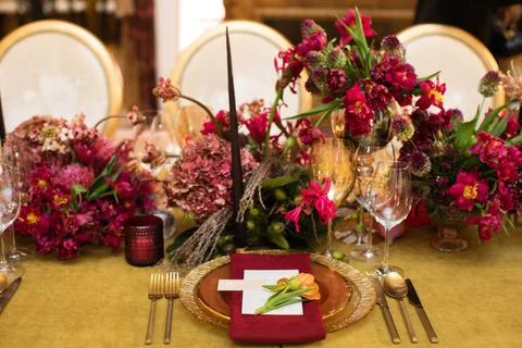 Decorated served table for wedding party or other event Foto stock