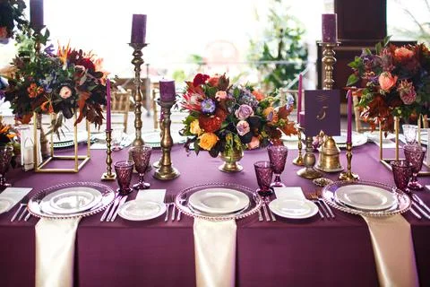 Decorated served table for wedding party or other event Stock Photos