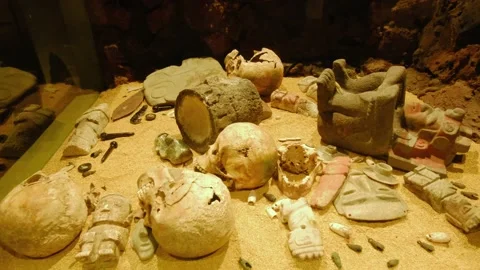 Decorated Skulls Sacrificial Victims Bones Aztec Ceramic Art Templo Mayor Stock Footage 209247574