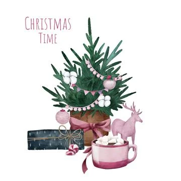 Decorated spruce tree with cocoa mug and deer sculpture. Stock Illustration