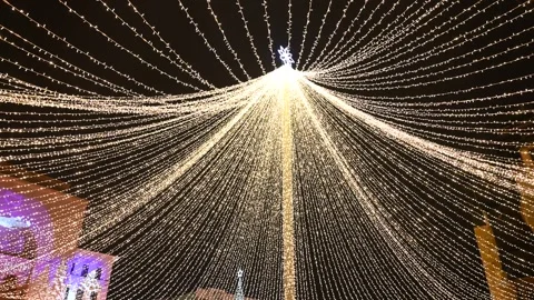 Decorated square in city centre at night. Colorful decorations Stock Footage 266446894