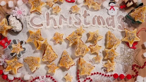 Decorated surface with baked gingerbread cookies Stock Footage 257811897