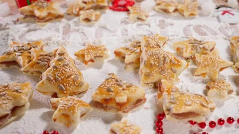 Decorated surface with baked gingerbread cookies Stock Footage 257811904