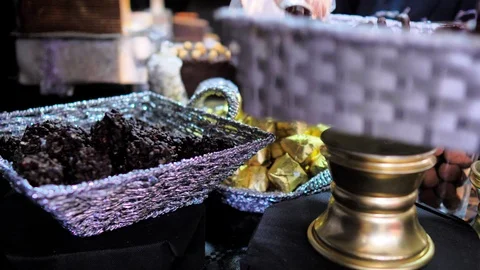 Decorated table full of Christmas cakes and nougat Stock Footage 124378791