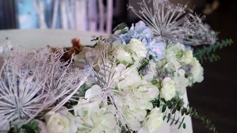 Decorated table at the party - celebration of wedding or other event Stock Footage 104447636